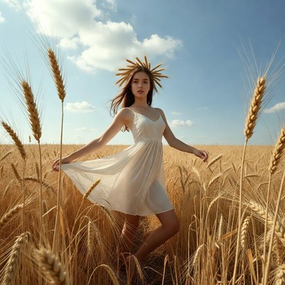 Woman with wheat crown in wheat field