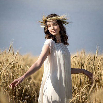 Woman with wheat crown in wheat field