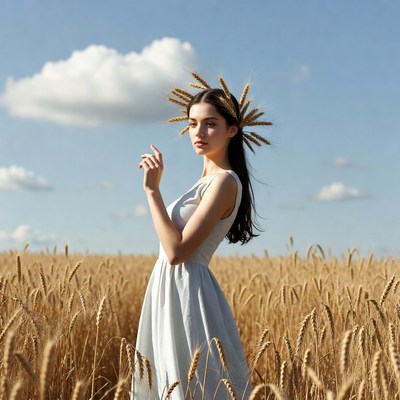 Woman with wheat crown in wheat field