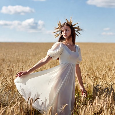 Woman in wheat field with wheat crown