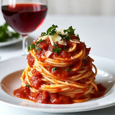 Spaghetti with marinara sauce and red wine