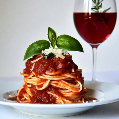Spaghetti with marinara and red wine