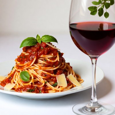 Spaghetti with marinara and red wine