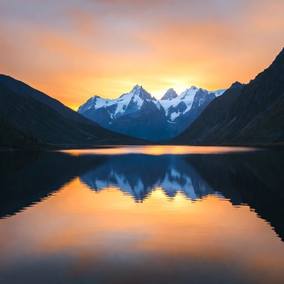 Snowy Mountains Reflected in Lake at Sunset