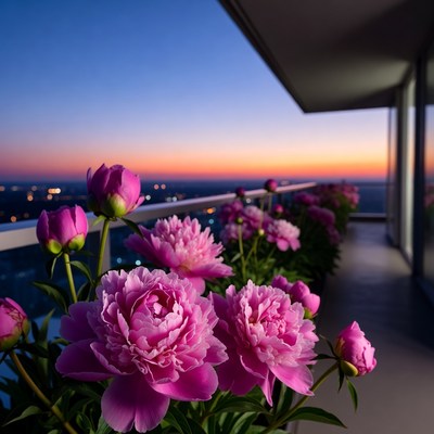 Pink Peonies on Balcony at Sunset