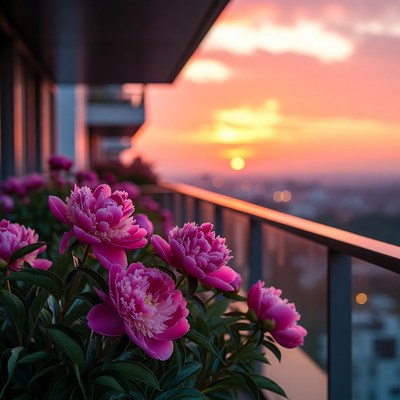 Pink Peonies on Balcony at Sunset