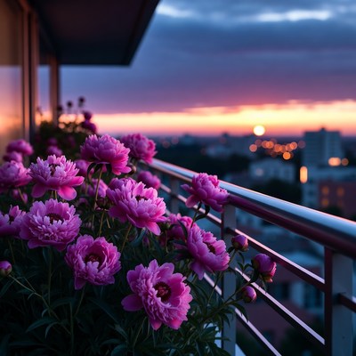 Pink Peonies on Balcony at Sunset