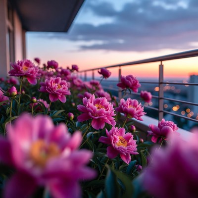 Pink Peonies on Balcony at Sunset