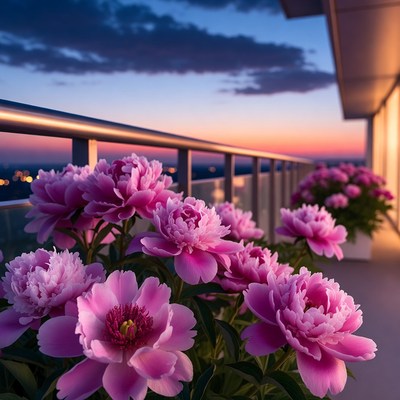 Pink Peonies on Balcony at Sunset