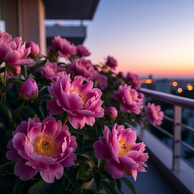 Pink peonies on balcony at sunset