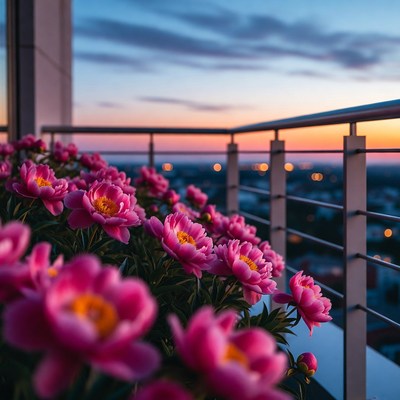 Pink peonies on balcony at sunset