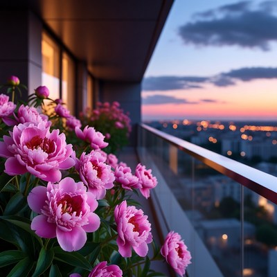 Pink Peonies on City Balcony