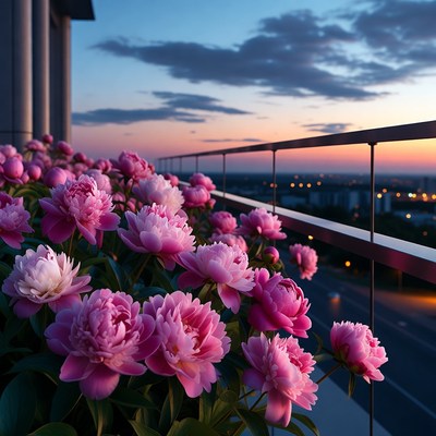 Pink Peonies on Balcony at Sunset