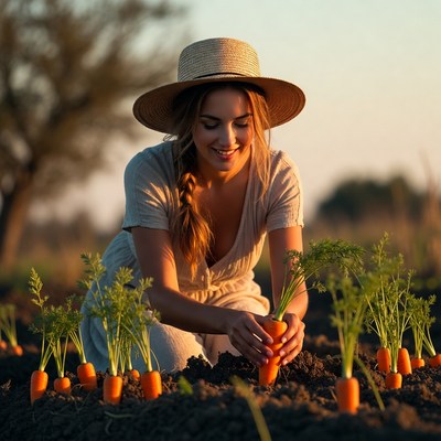 Woman harvesting carrots in field