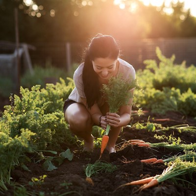 Asian woman harvesting carrots garden