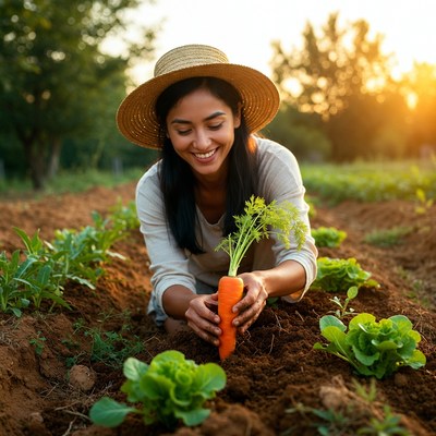 Asian woman harvesting carrot garden
