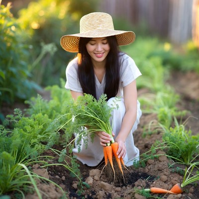Asian woman harvesting carrots garden
