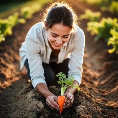 Woman planting carrot in garden
