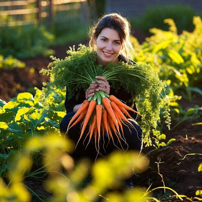 Woman holding fresh carrots in garden