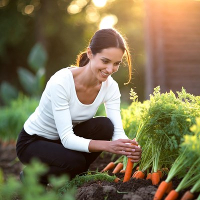Woman harvesting carrots in garden