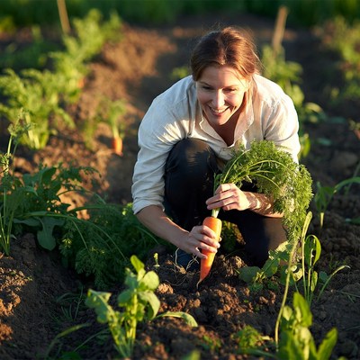 Woman harvesting carrot in garden