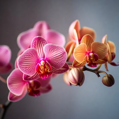 Pink and Orange Orchids on Stem