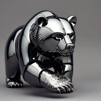 Shiny metallic grizzly bear sculpture