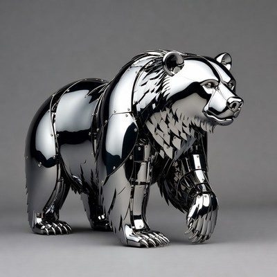 Shiny Metal Grizzly Bear Sculpture