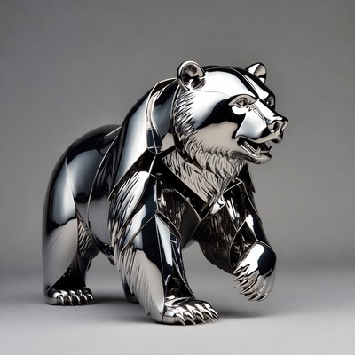 Silver metallic grizzly bear sculpture