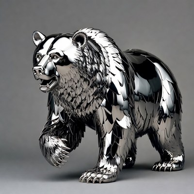 Shiny silver grizzly bear sculpture