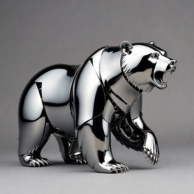 Shiny metallic roaring grizzly bear sculpture
