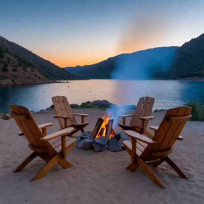 Campfire and Adirondack Chairs by Lake