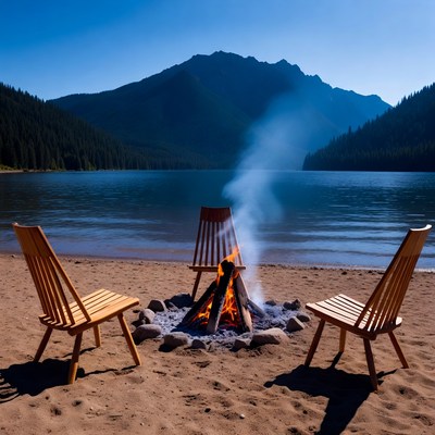 Campfire with chairs by mountain lake