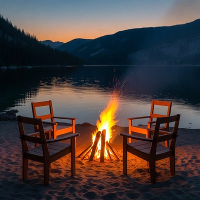 Campfire chairs by mountain lake sunset
