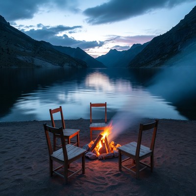 Campfire with Chairs by Mountain Lake