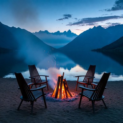 Campfire with chairs by mountain lake