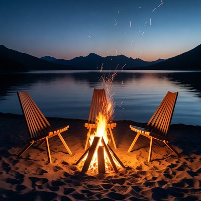 Campfire on beach with chairs at sunset
