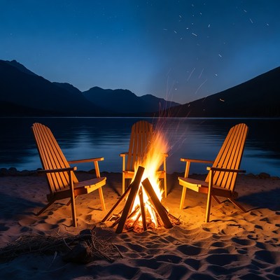Campfire with Adirondack Chairs by Lake