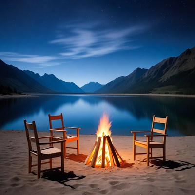Campfire chairs by mountain lake night