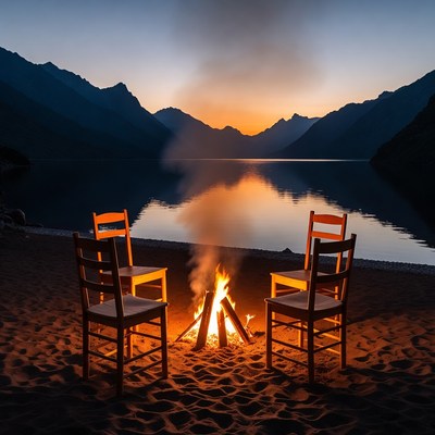 Campfire and Chairs by Mountain Lake