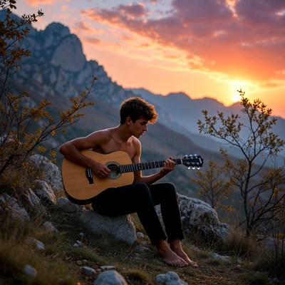 Shirtless man playing guitar at sunset