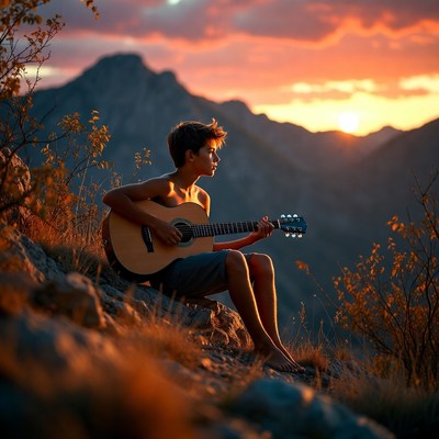 Boy playing guitar at sunset mountains