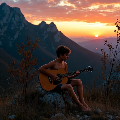 Boy playing guitar at sunset mountains
