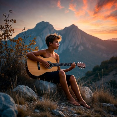 Boy playing guitar on mountain rocks