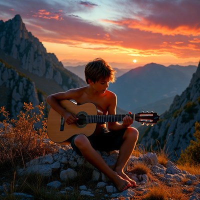 Boy playing guitar at sunset mountains