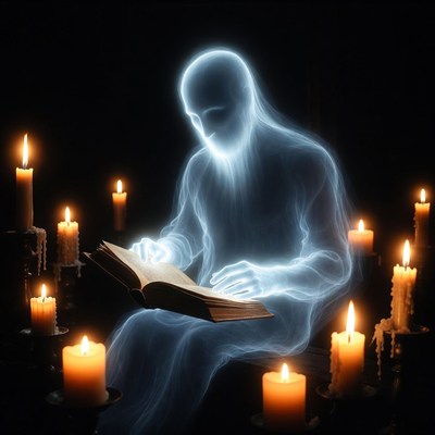 Ghostly man reading book by candles
