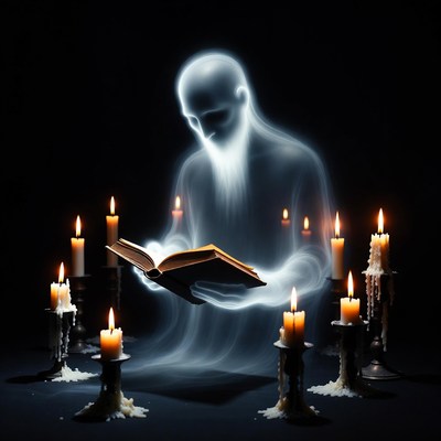 Ghostly man reading book surrounded by candles