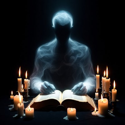 Ghostly man reading book with candles