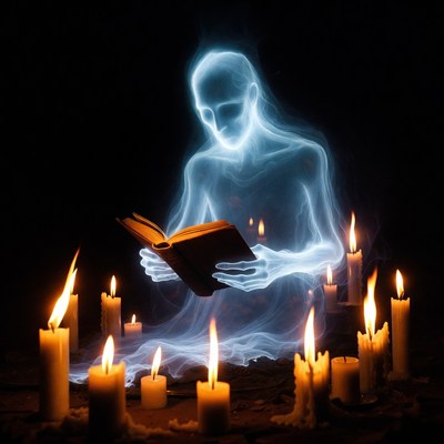 Ghostly figure reading book with candles