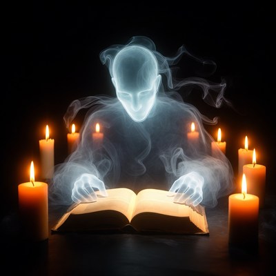 Ghostly figure reading book by candles
